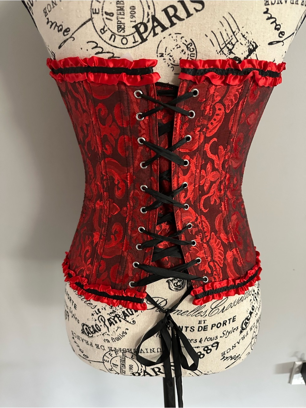 ❤️ Red & Black Brocade Corset Bustier – Size Small